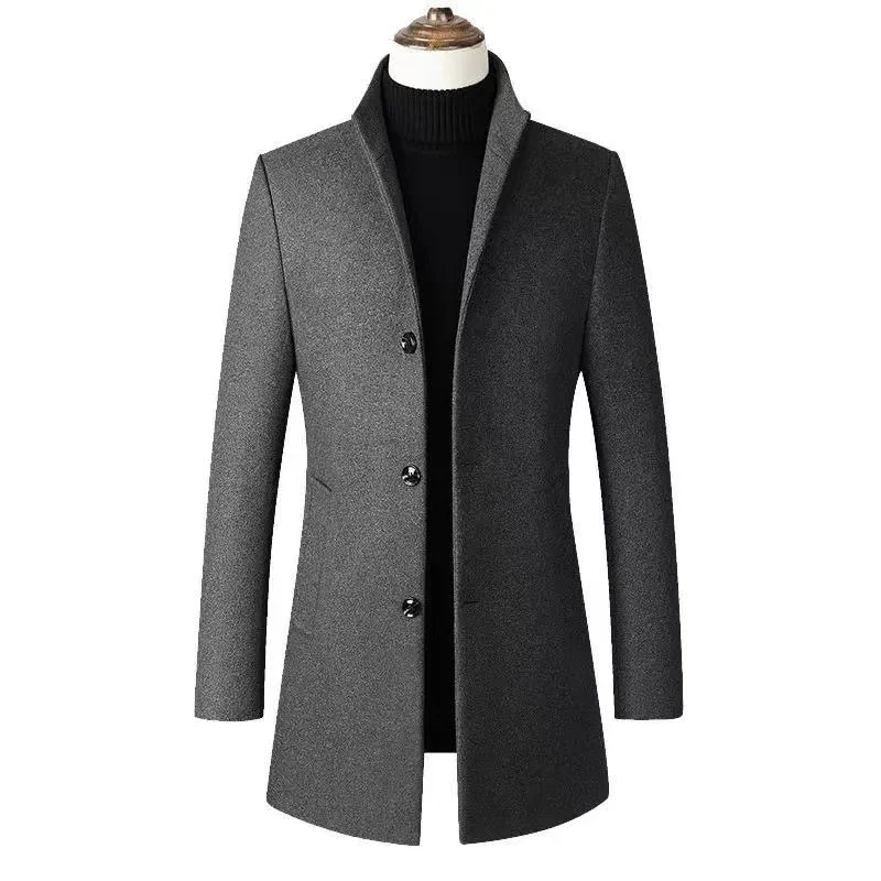 

2024 Autumn/Winter New Men's Woolen Coat Standing Collar Slim Fit Warm Coat Medium length Solid Color Simple Woolen Coat Large