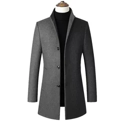 2024 Autumn/Winter New Men's Woolen Coat Standing Collar Slim Fit Warm Coat Medium length Solid Color Simple Woolen Coat Large