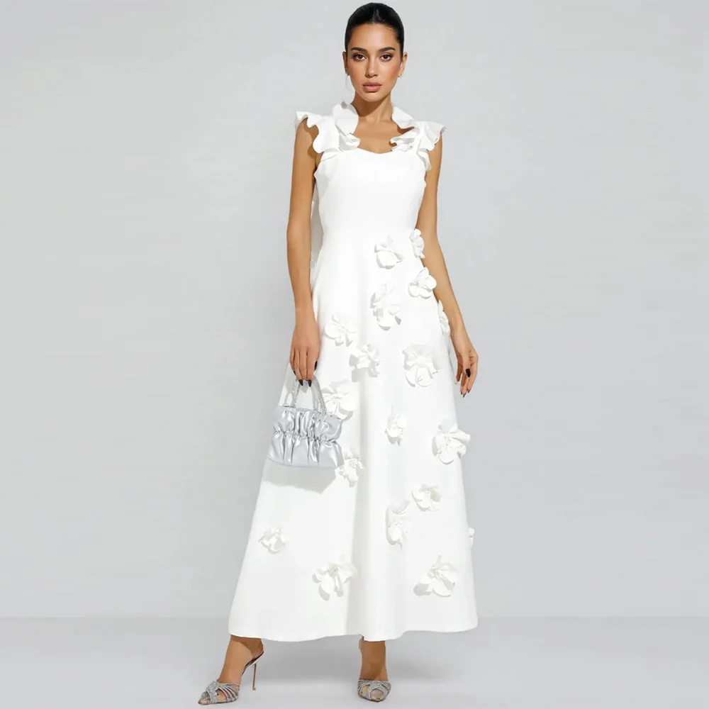 

Elegant Square Collar Sleeveless Evening Dress Customized A-Line High Quality Flowers Party Gowns Zipper Back Celebrity Dress