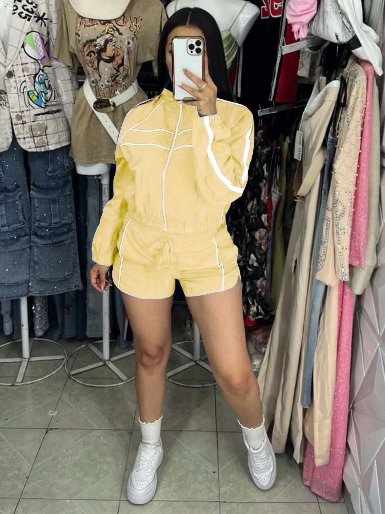 

Pant Set Women 2 Piece Sets Zipper Turn Down Collar Full Sleeve Coat Short Pants Lace Up Tight Waist Y2k Streetwear Sport 2026