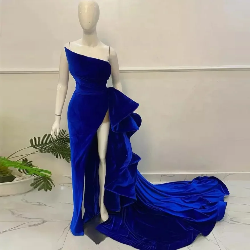 Robe de bal en velours bleu Royal, modeste, longue traîne, fente haute, robe de soirée formelle, grande taille, Corset à lacets au dos, 2022