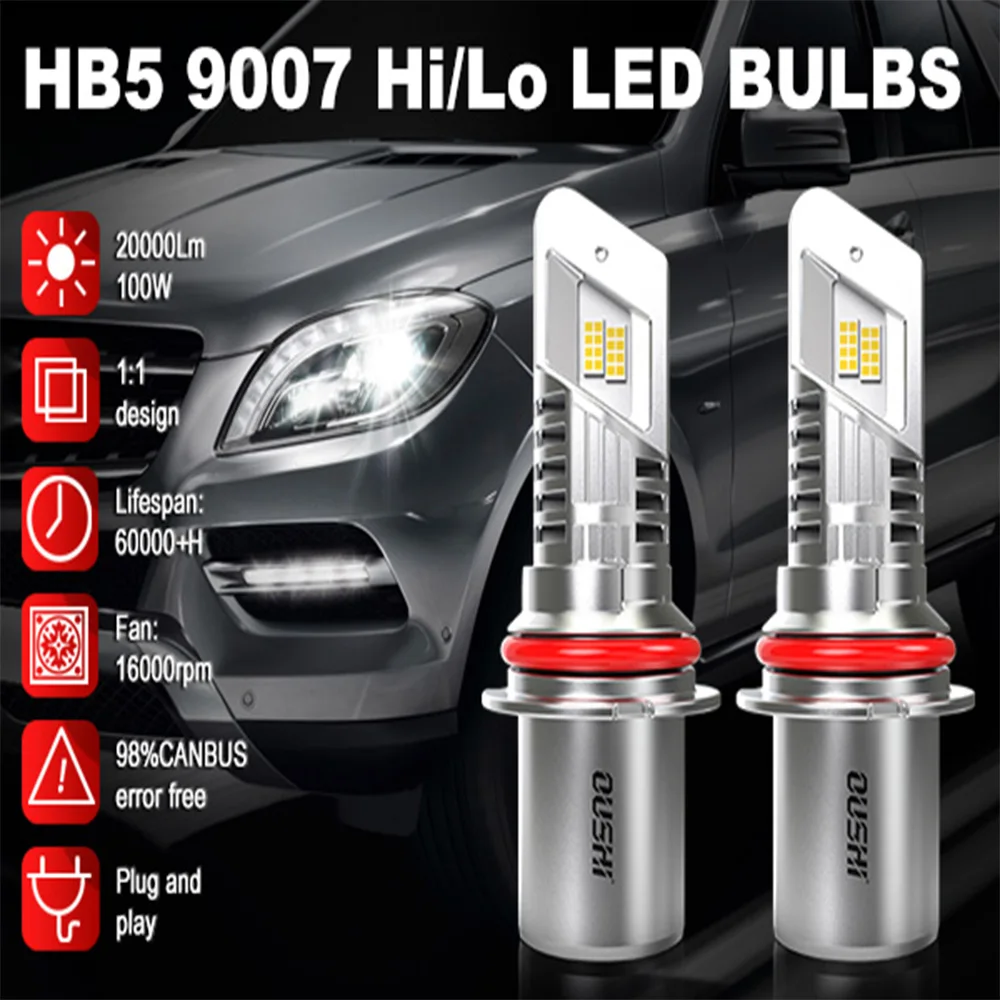 2Pcs High Power 9007 HB5 Hi/Lo LED Headlight 12V 20000LM 6500K Auto Headlamp Super Bright Plug and Play Car Headlight Bulbs