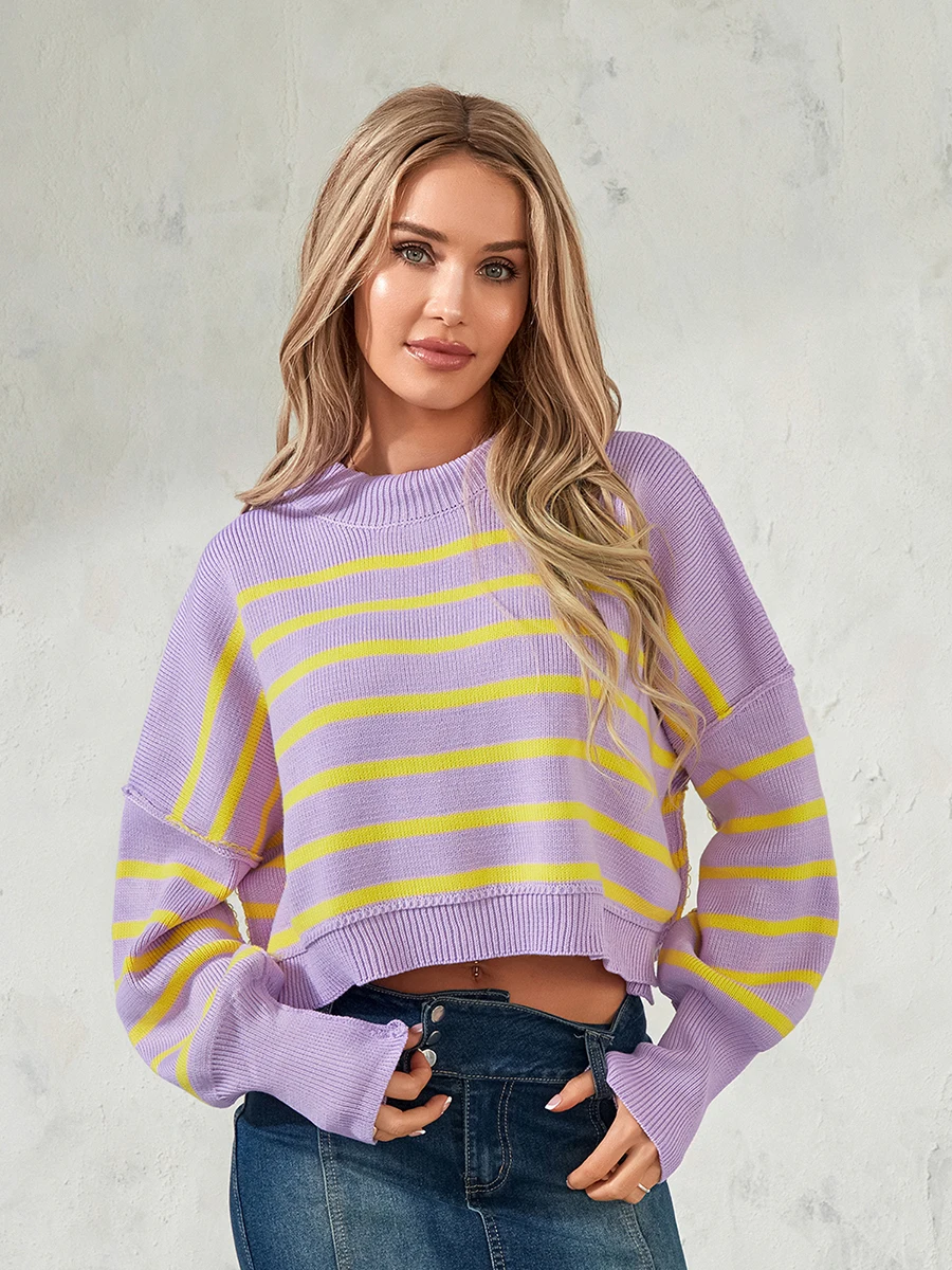 wsevypo Women's Knit Cropped Sweaters Fall Winter Casual Solid Color/Striped Long Sleeve Round Neck Pullover Tops Basics Jumpers