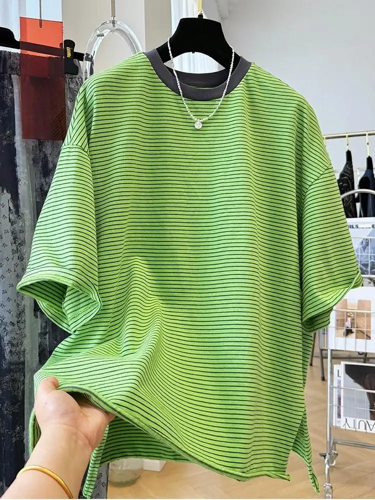 

2025 New Round Neck Loose-Fit Stylish Striped T-Shirt Short Sleeves Women's Summer Loose T-Shirt Crewe Neck Design Top