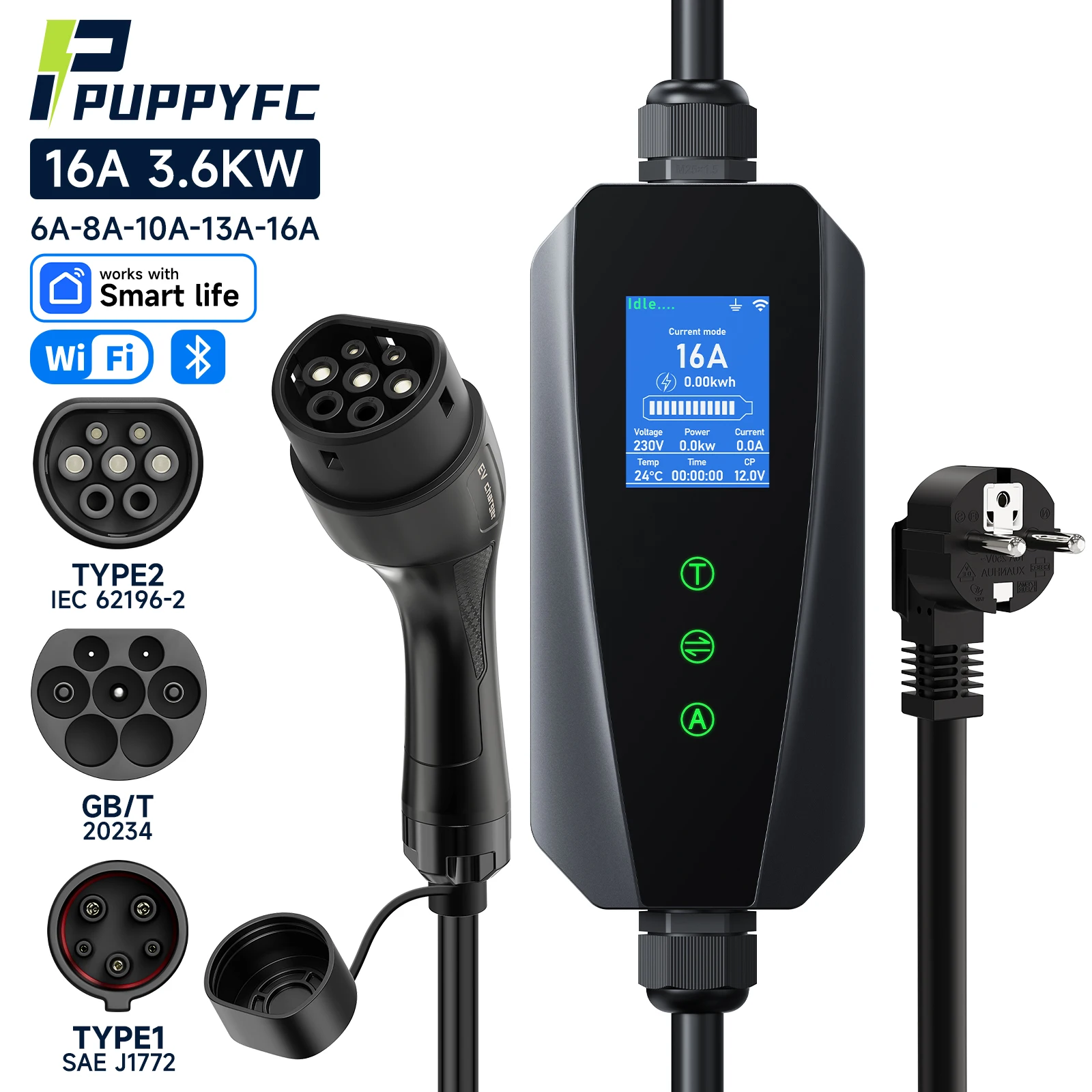 Puppyfc Portable EV Charger Type 2 GBT 3.6KW Electric Car Charging Cable EU Plug WiFi Bluetooth APP Control