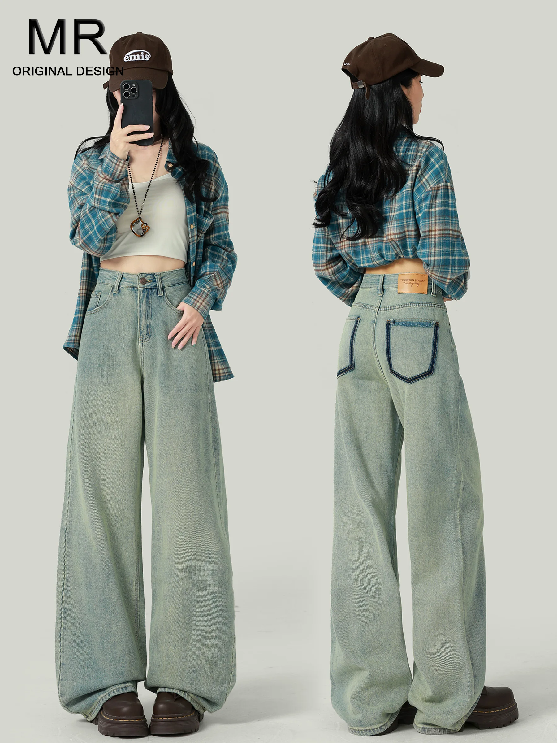 

Ретро джинсы с высокой талией и эффектом потертости, женские, свободного кроя, широкие, в пол, осенняя новинка