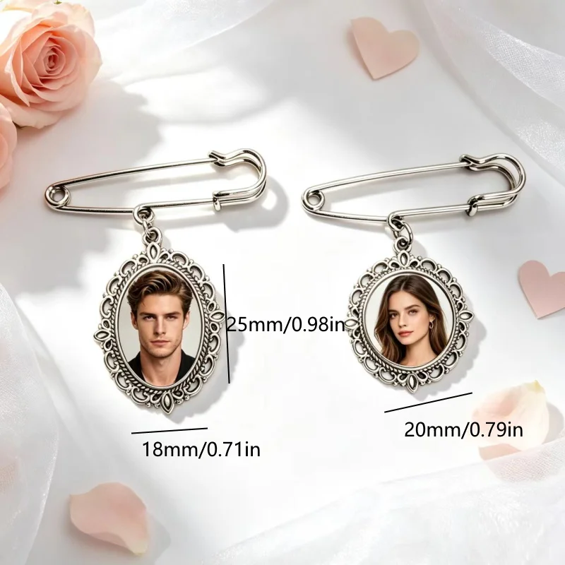 Personalized Custom Photo Brooch, Vintage Frame Safety Pin, Memorial Picture Lapel Pin, Wedding Bouquet Charm, Clothes Bag Decor