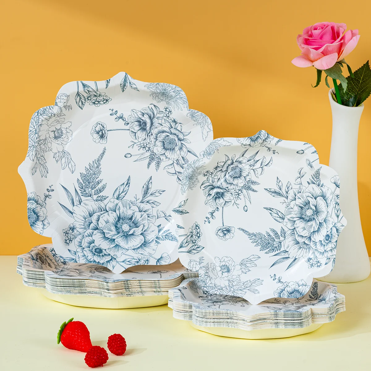 10/25/50 piezas de delicados platos de papel desechables con diseño floral de rosas azules para fiestas románticas y sofisticadas