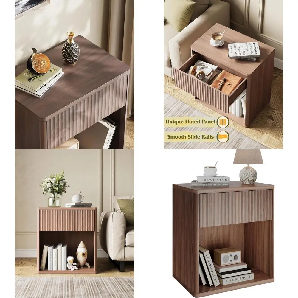 

Wooden Nightstand with Storage and Open Shelf, Brown, Suitable for Bedroom, Living Room, Dorm, and Home Office