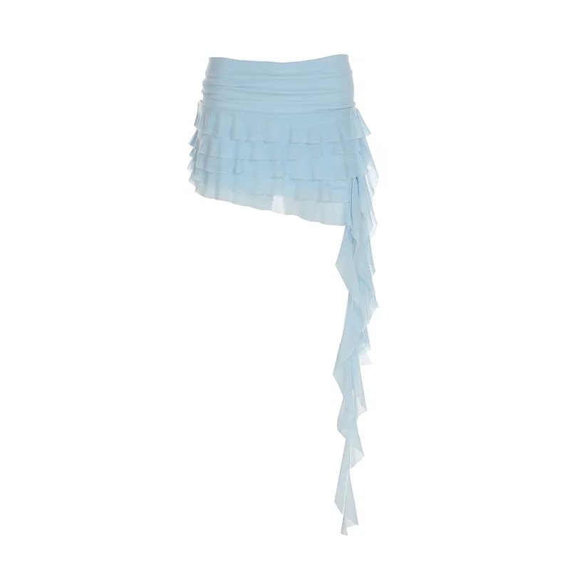 Falda Corta Asimétrica con Volantes de Malla Transparente para Mujer, Cintura Alta, Volantes en Capas, Fluida, para Fiesta, Club, Vacaciones