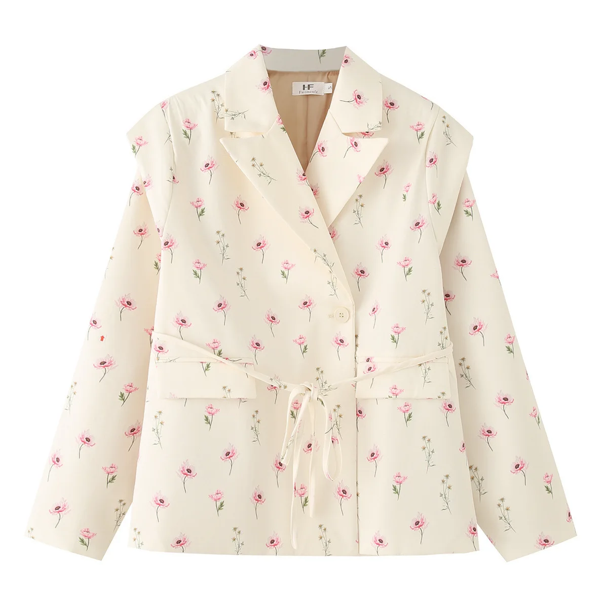 

2025 Autumn New Women's Stylish Printed Loose Blazer Notch Lapel Tie Waist Slimming Design Lightweight Formal Casual Jackets