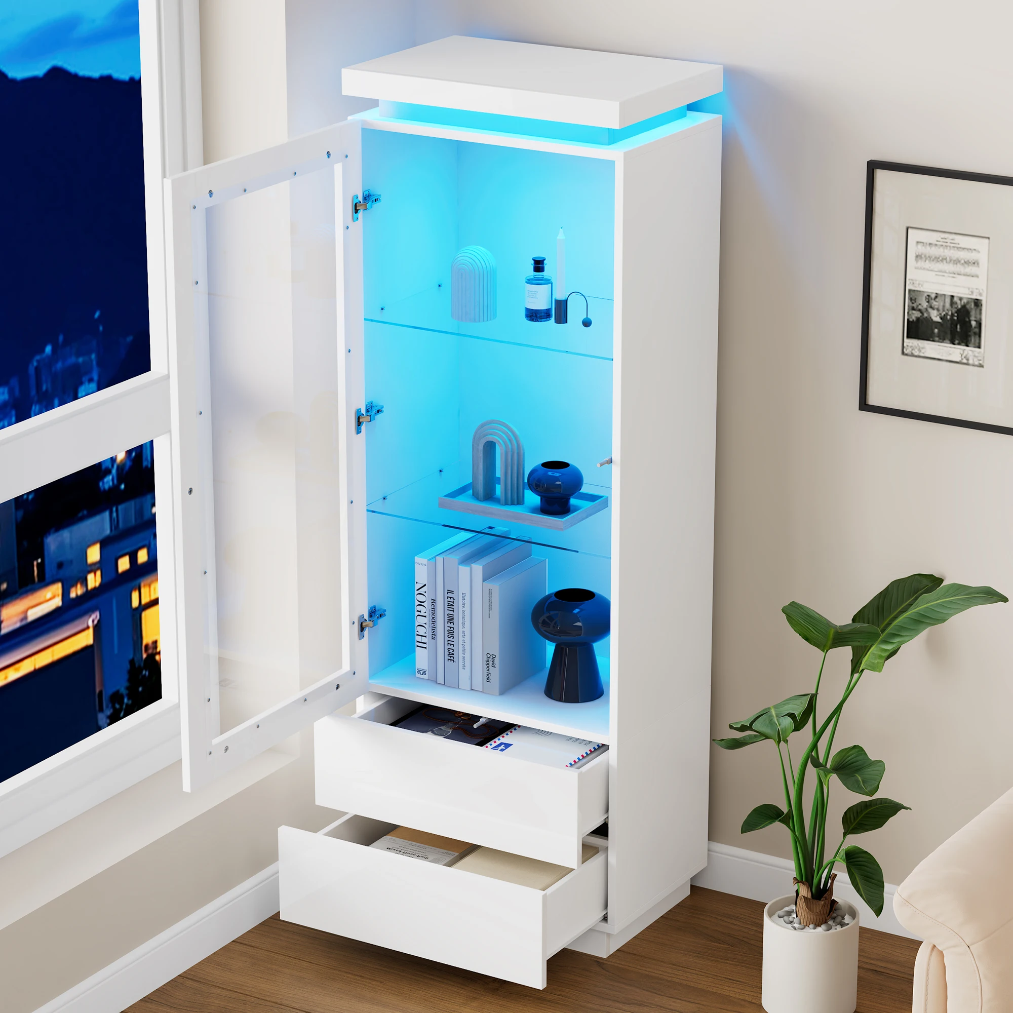 Vitrine Meuble Skin Brillant avec 2 Tiroirs et Portes en Verre Trempé, LED Intégrée, MDF + Acrylique, Blanc, 60x40x171 cm