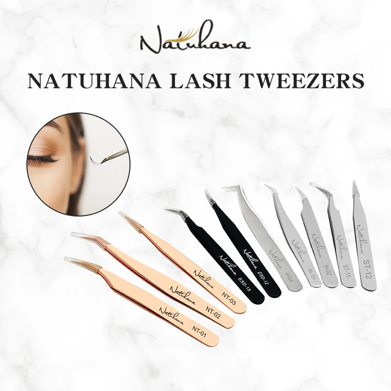NATUHANA-Pinzas antiestáticas para extensión de pestañas, accesorio de acero inoxidable dorado, pinzas profesionales para volumen, herramientas de maquillaje