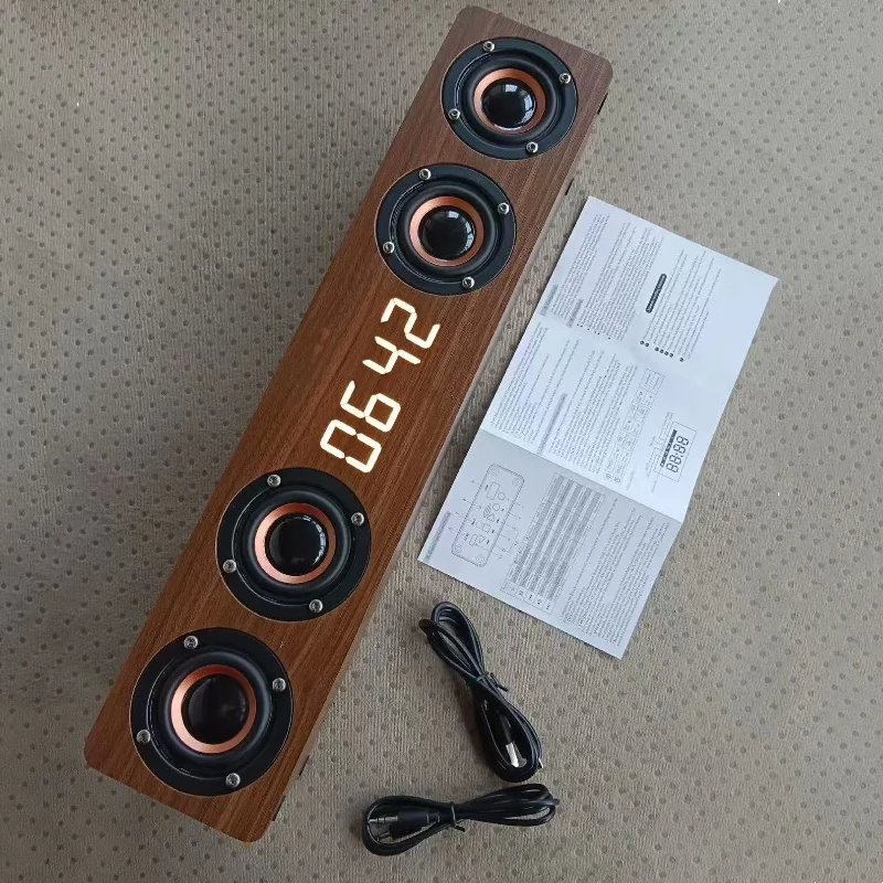 Portable Wireless Subwoofer Clock Soundbox Home Computer Echo Wall Soundbar HiFi Stereo TF AUX U Disk Wooden Bluetooth Speaker