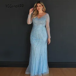 Vestido azul brillante de manga larga para madre de la novia, traje elegante de sirena con cuello en V y cuentas pesadas para fiesta de noche, talla grande, 2024