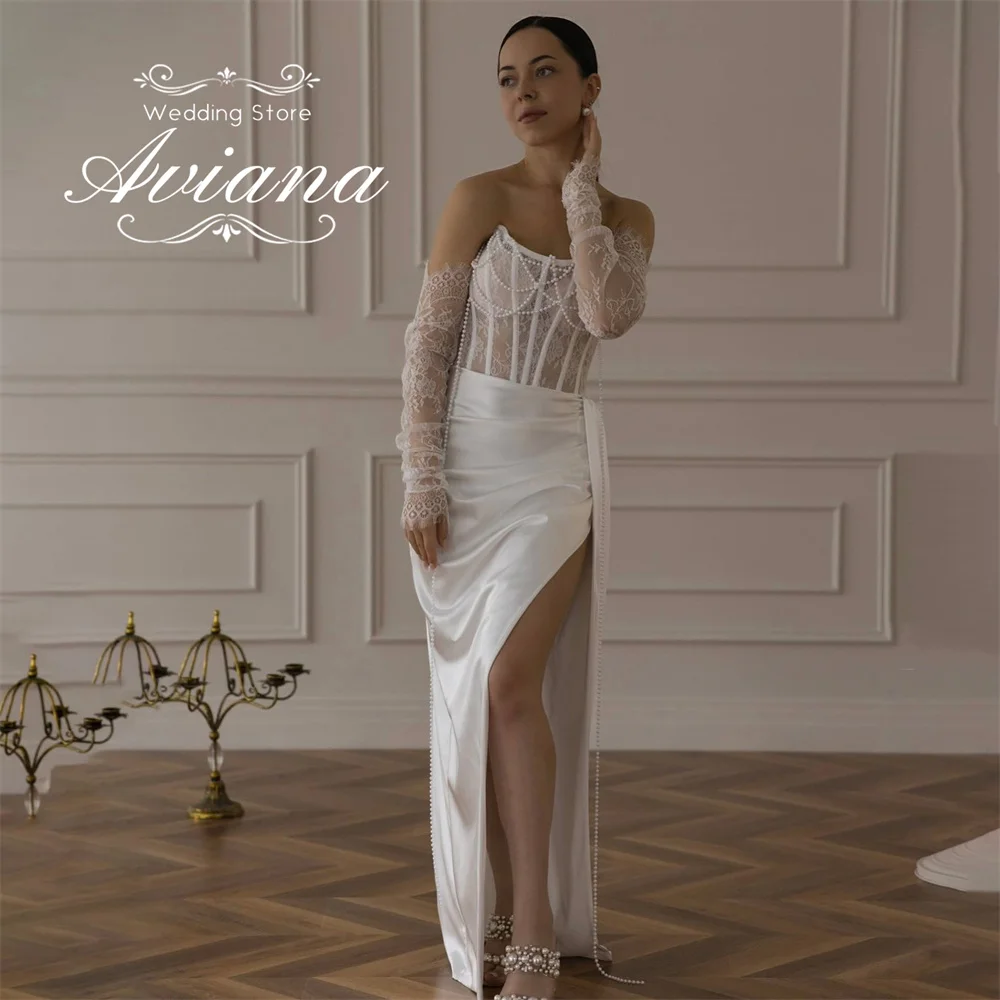 아비아나 맞춤형 스트랩리스 레이스 자수 머메이드 웨딩드레스 하이 슬릿 슬리브리스 러플 진주 비딩 스트레인 보트넥