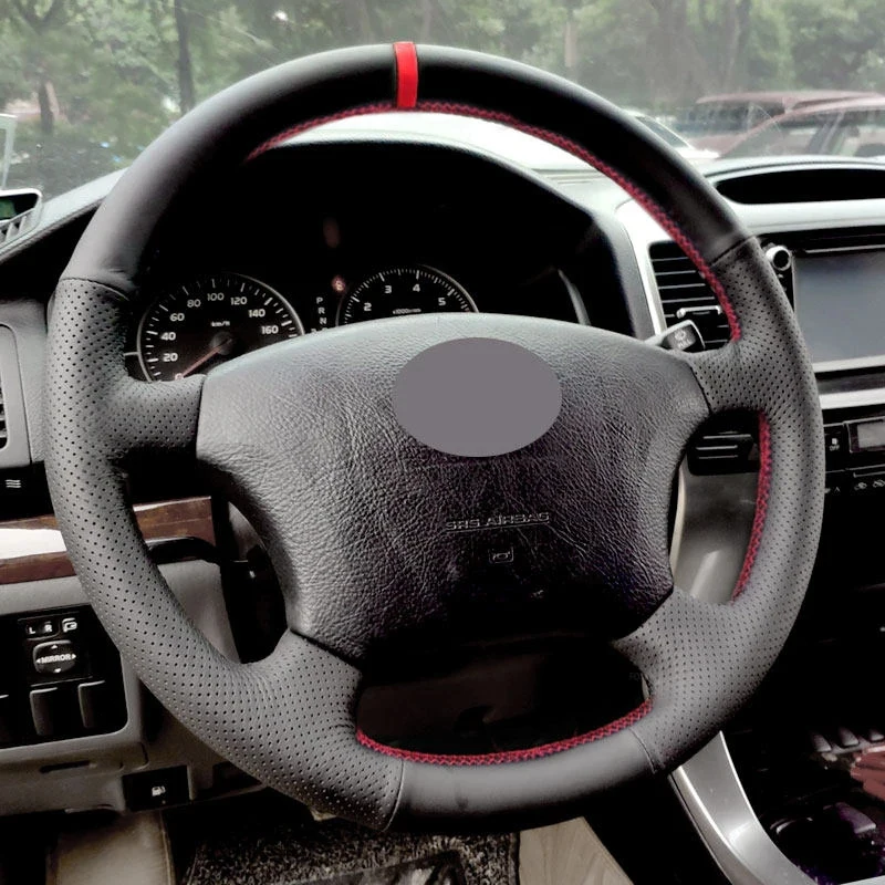 Car Steering Wheel Cover Leather Trim For Toyota Land Cruiser Prado 120 2003-2007 Tacoma 2005-2011 For Lexus LS400 with red bar