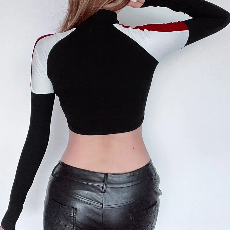 Moto & Biker Stil Retro Streetwear Fitness Patchwork Crop Top weibliche sportliche Kontrast Stand Kragen Herbst T-Shirt Frauen