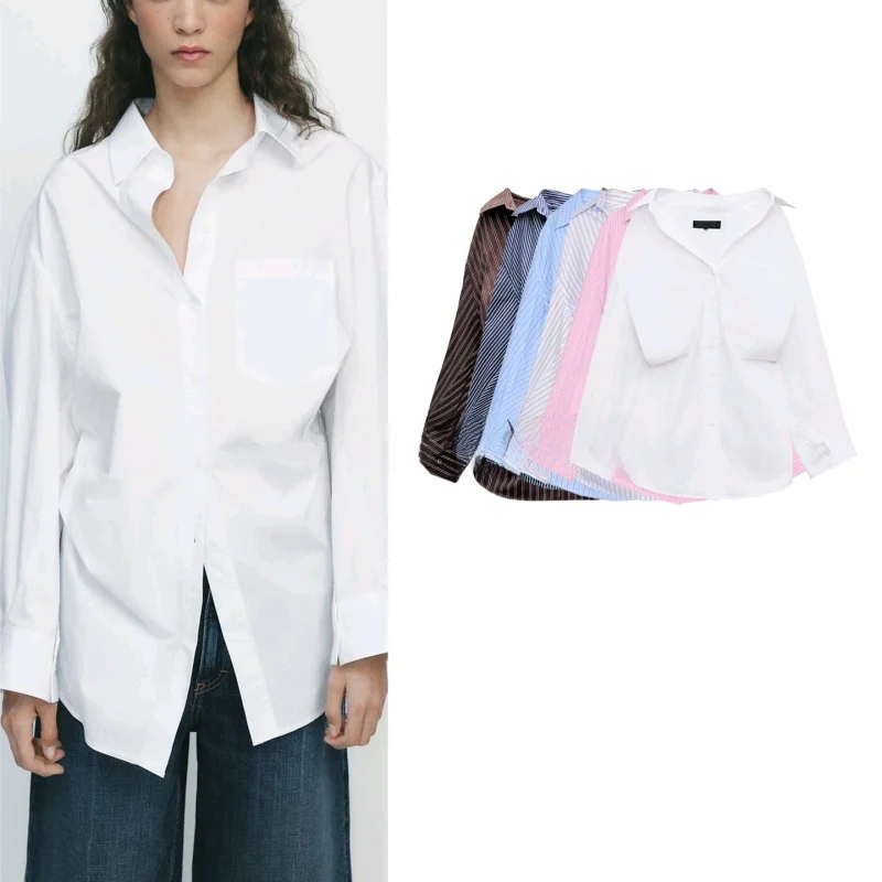 

Summer New Women's Striped Loose Silk Long Sve irt Commute Sle Regular Sve Length Pure Color Button Closure Polyest...