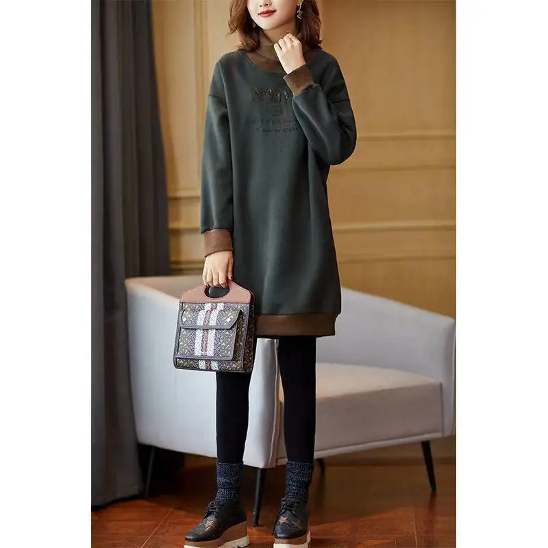 Fashion Loose Solid Color Spliced Turtleneck Tops Autumn Winter Casual Pockets Thick Embroidery Sweatshirts Female Clothing 2023