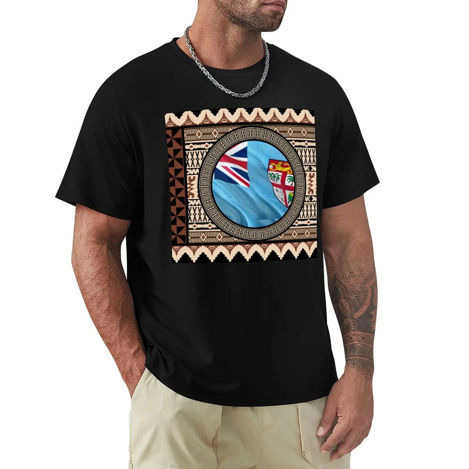 Fiji Flag Masi Print Authentic Tapa T-Shirt Fashion Pattern Printed Tee Shirt