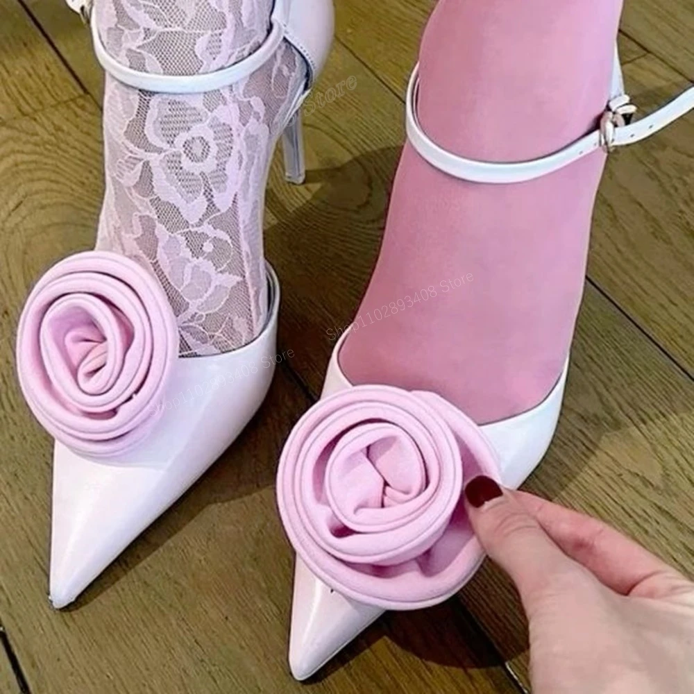 Rose Flower Design Sweet Pumps Pink Patent Leather Stiletto High Heel Pointed Toe Sexy Women Shoes 2024 Zapatos Para Mujere