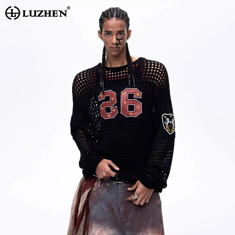 LUZHEN 2026 New Original Printed Logo Patchwork Design Hollow Out Long Sleeve T-shirts Men's Trendy Handsome Street Tops JY6373