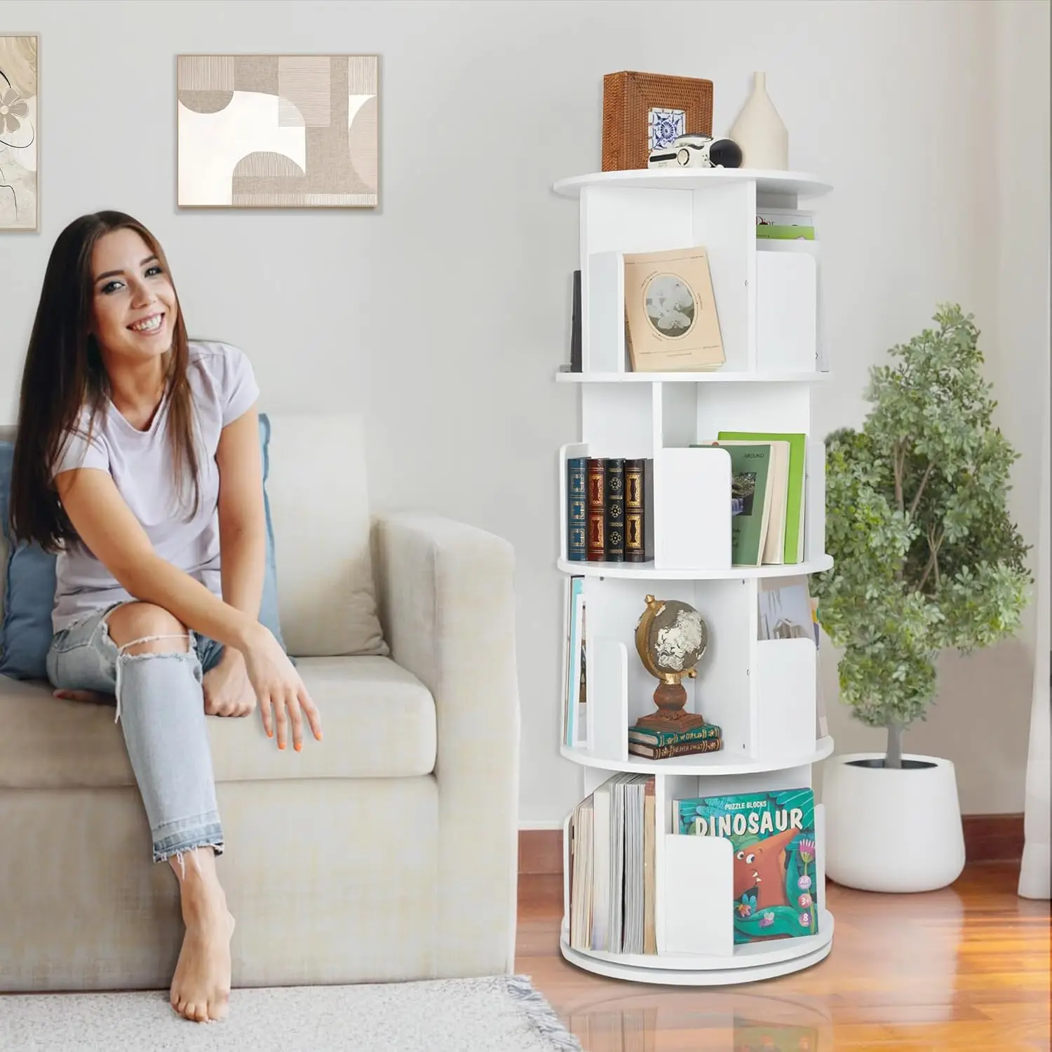 Bookshelf,Wood Corner Bookshelf 4 Tier 360 Display Spinning Bookshelf Floor Standing Bookcase Stackable Bookshelf Stora