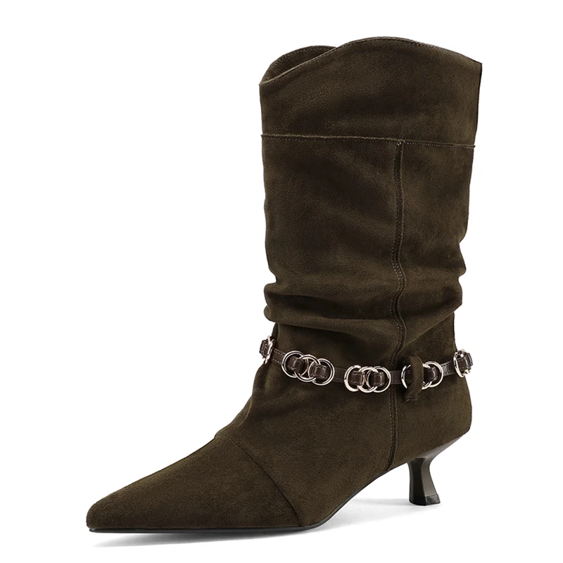 Women Pointed Toe Mid Calf Boots Kitten Heel Pleated Boots with Metal Chain Decor Ladies Fashion Slip On Boots for Daily Wear 3