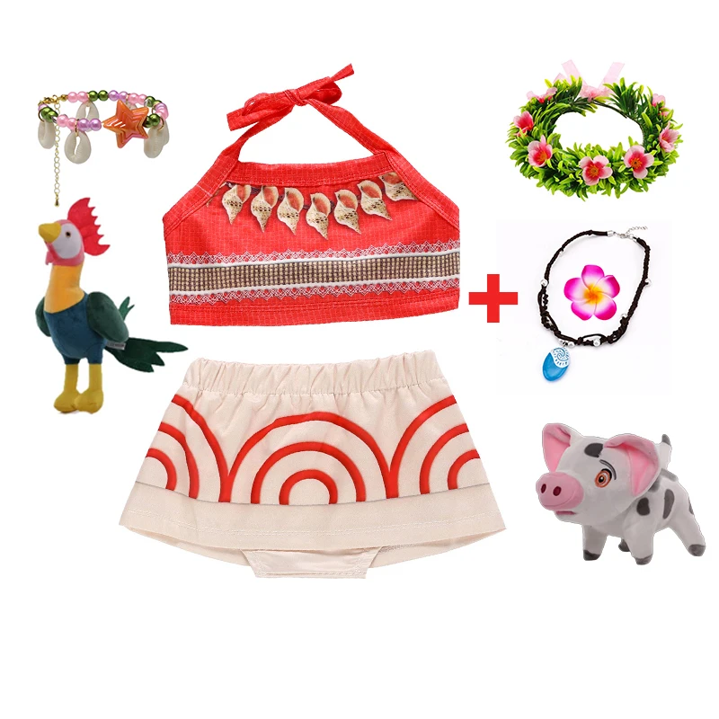 Little Girls Cosplay Moana Halter Sundress Baby Kids Vaian Sisters Ocean Beach Hawaii Style Princess Frock With Necklace Pig Set image 5
