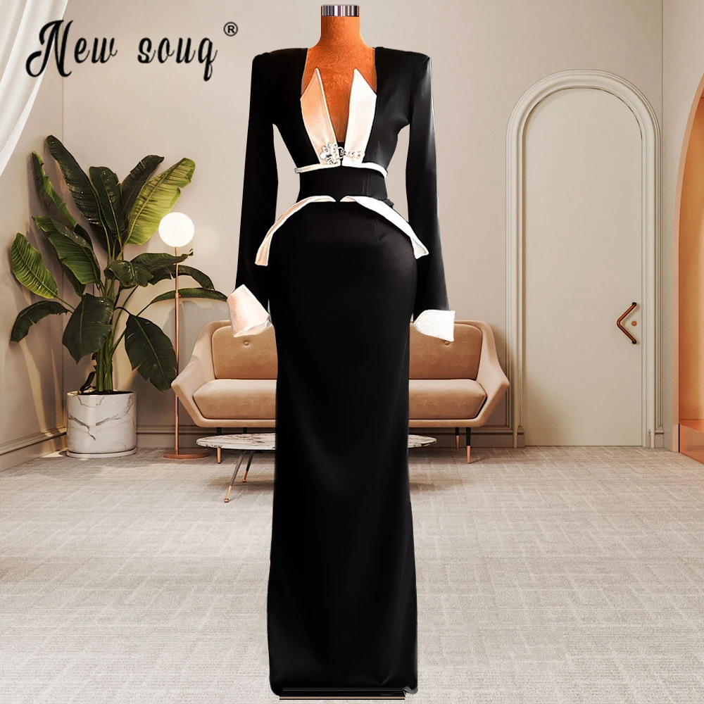 

Elegant White Black Satin Evening Dress Arabic Long SLeeve Party Gowns Dubai Celebrity Red Carpet Dress 2024 Birthday Party Wear