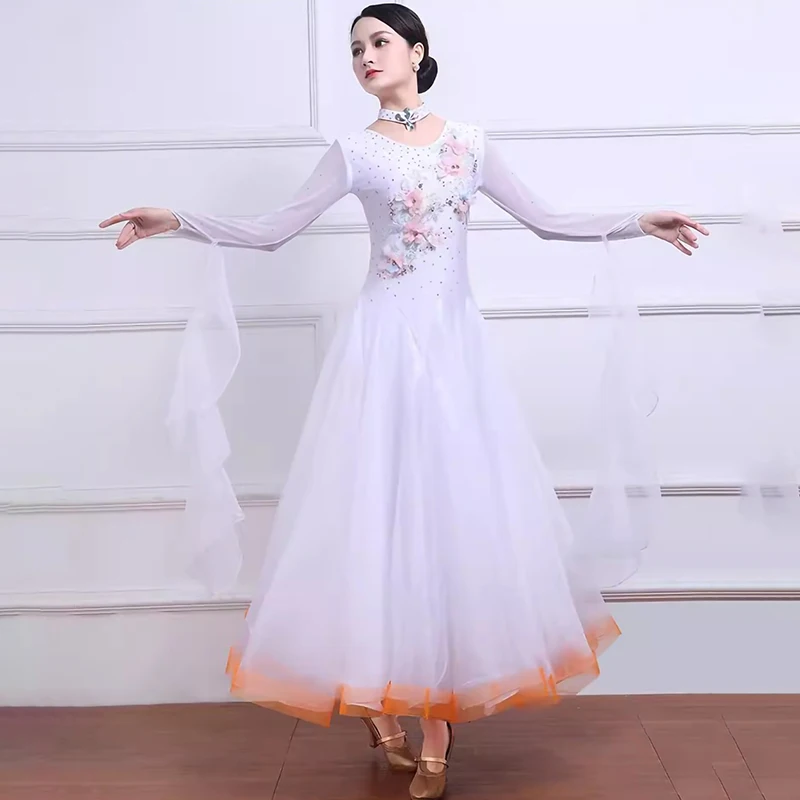 Standard Dance Dress Competition Strap Ladies Banquet Dress Long Sleeve Rhinestone Large Skirt Decal Flamenco Skirt White