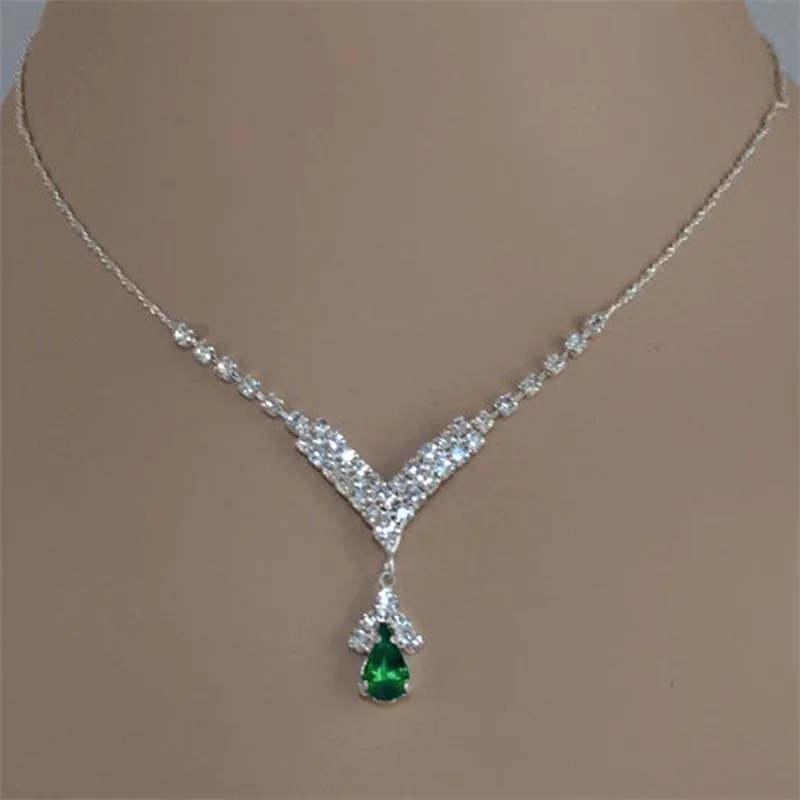 Fashion Blue Green Red Colorful Water Drop Rhinestone Women\'s Necklace Silver Inlaid Zircon Pandente Women\'s Accessories