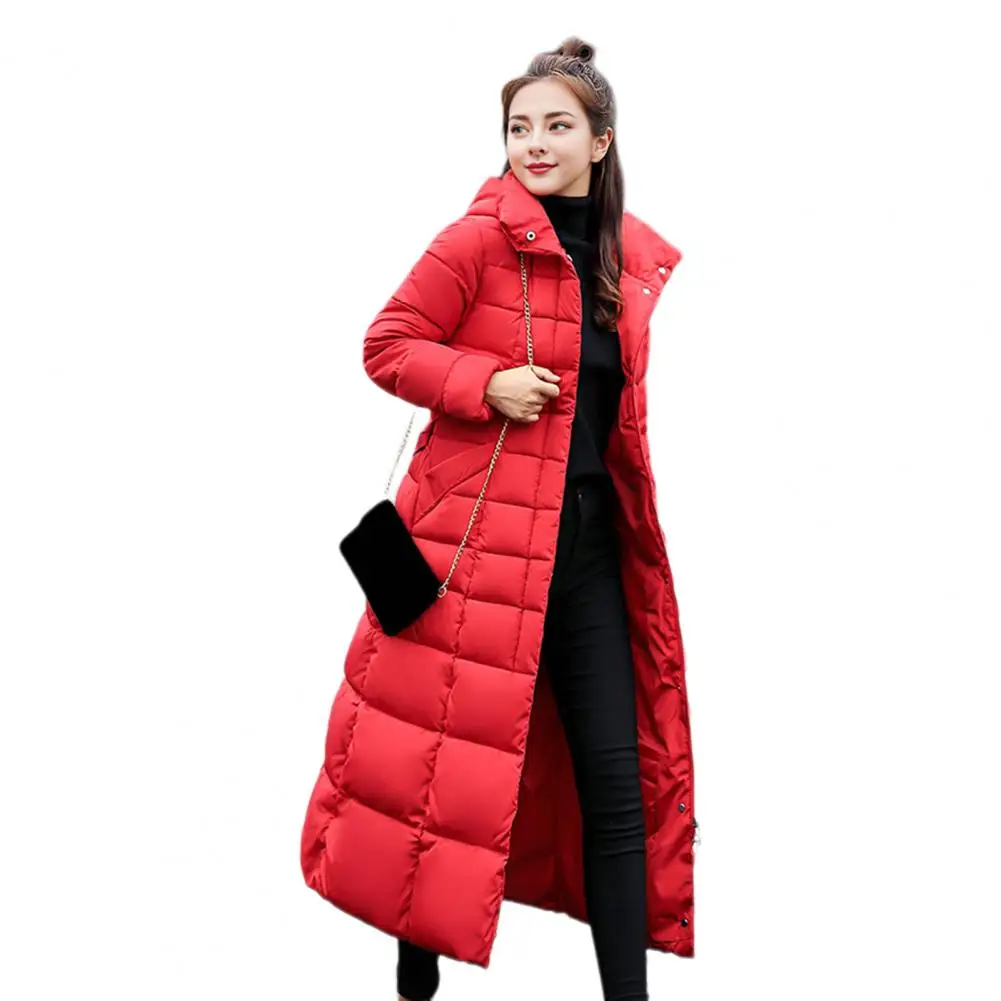 Winter Women Cotton Jacket Detachable Hood Neck Long Sleeves Parkas Solid Color Knee Length Zipper Closure Outwear