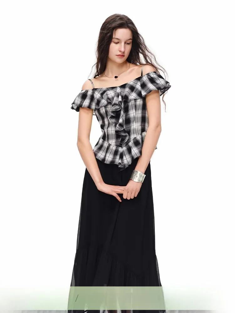 

Lace Collar Silk Wool Shirt Women's Summer New Style Short Sleeve Plaid Top French Style Slim Fit No Sleeve Chinese Origin