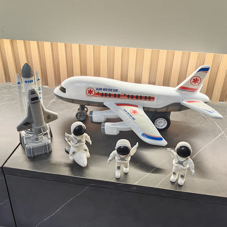 

Children's large white airplane toy, capable of launching rockets and launch pads, 3 astronauts, suitable for boys' birthday gif