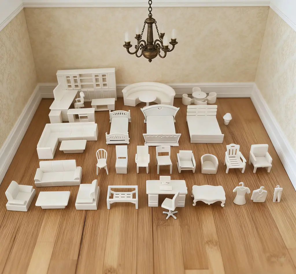 3 قطع 1:50 مواد نموذج طاولة الرمل - الأثاث الداخلي: سرير، طقم مكتب، كرسي، أريكة، تلفزيون، ديكور صغير لنماذج البناء