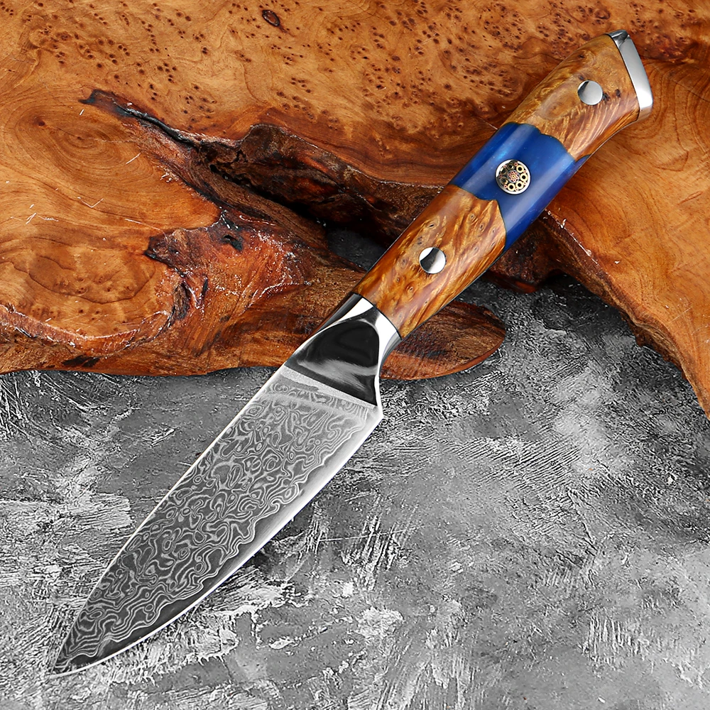 3,5-Zoll-Obstmesser, Schälmesser aus Damaststahl, scharfes kleines Küchenmesser für Obst und Gemüse, stabilisierter Griff aus Holz und Harz