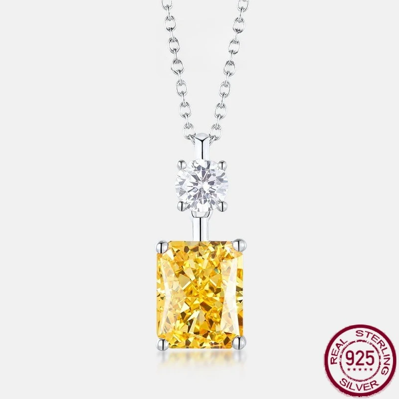 

New S925 sterling silver 7.5ct rectangular 8 * 10 ice flower cut high carbon diamond simple necklace versatile wedding jewelry