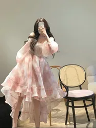 2024 New Vintage Floral Sweet Midi Dress Women Irregular Elegant Puff Sleeve Fairy Dress Female Autumn Casual Beach Party Dress
