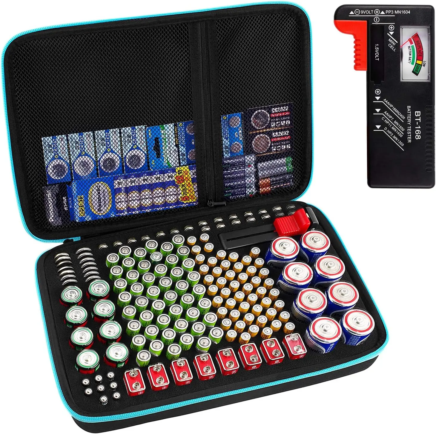 Battery Organizer Storage Case Box with Tester Checker, 220+ Batteries Holder Bag fits for AA AAA AAAA 9V C D Lithium 3V LR44