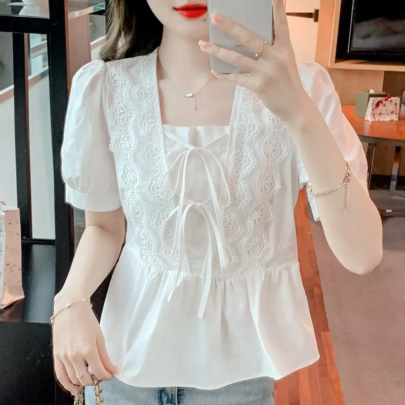 Women\'s 2024 Summer New Fashion Sweet Solid Color Bow Drawstring Square Collar Blouses Lace Spliced Chic Short Sleeve Shirt Tops