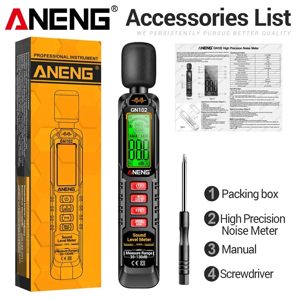 ANENG GN102 Tragbarer Schallpegelmesser 30-130dB A-gewichteter Dezibel-Tester Hintergrundbeleuchteter Bildschirm Datenspeicherung Max/Min Automatische Abschaltung – Detail 10