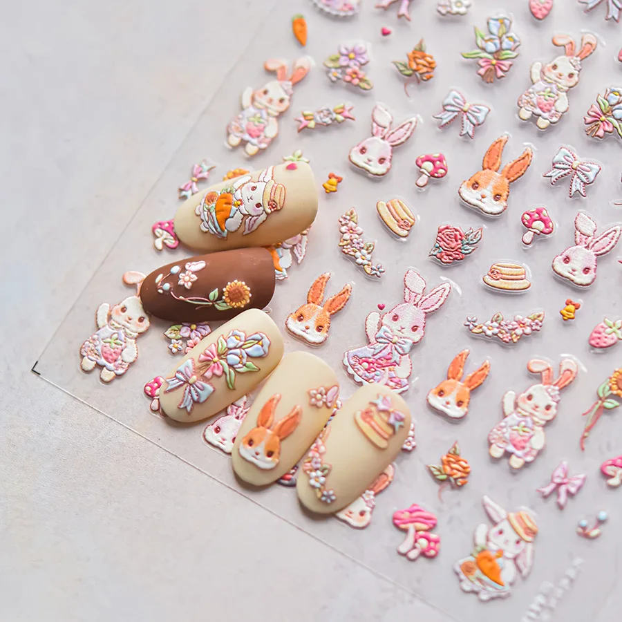 1pcs 5D Embossed Cartoon Nail Stickers Cute Garden Bunny Self Adhesive Slider Manicure Stickers For Kids Kawaii Nail Art Decorat