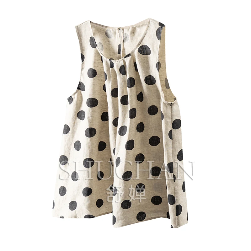 

New retro polka dots, Belgian rain dew hemp sewing hemp craft sleeveless vest shirt women 84A2
