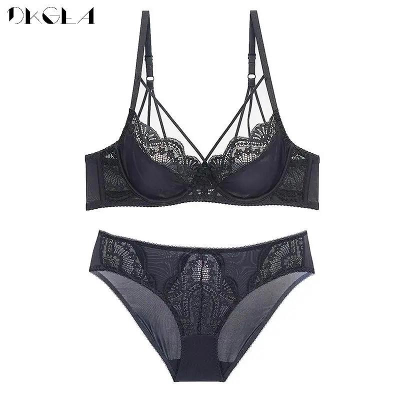 New Black Sexy Bra And Panties Set Plus Size Brassiere Embroidery Ultrathin Lingerie Women Brand Transparent Lace Underwear Set