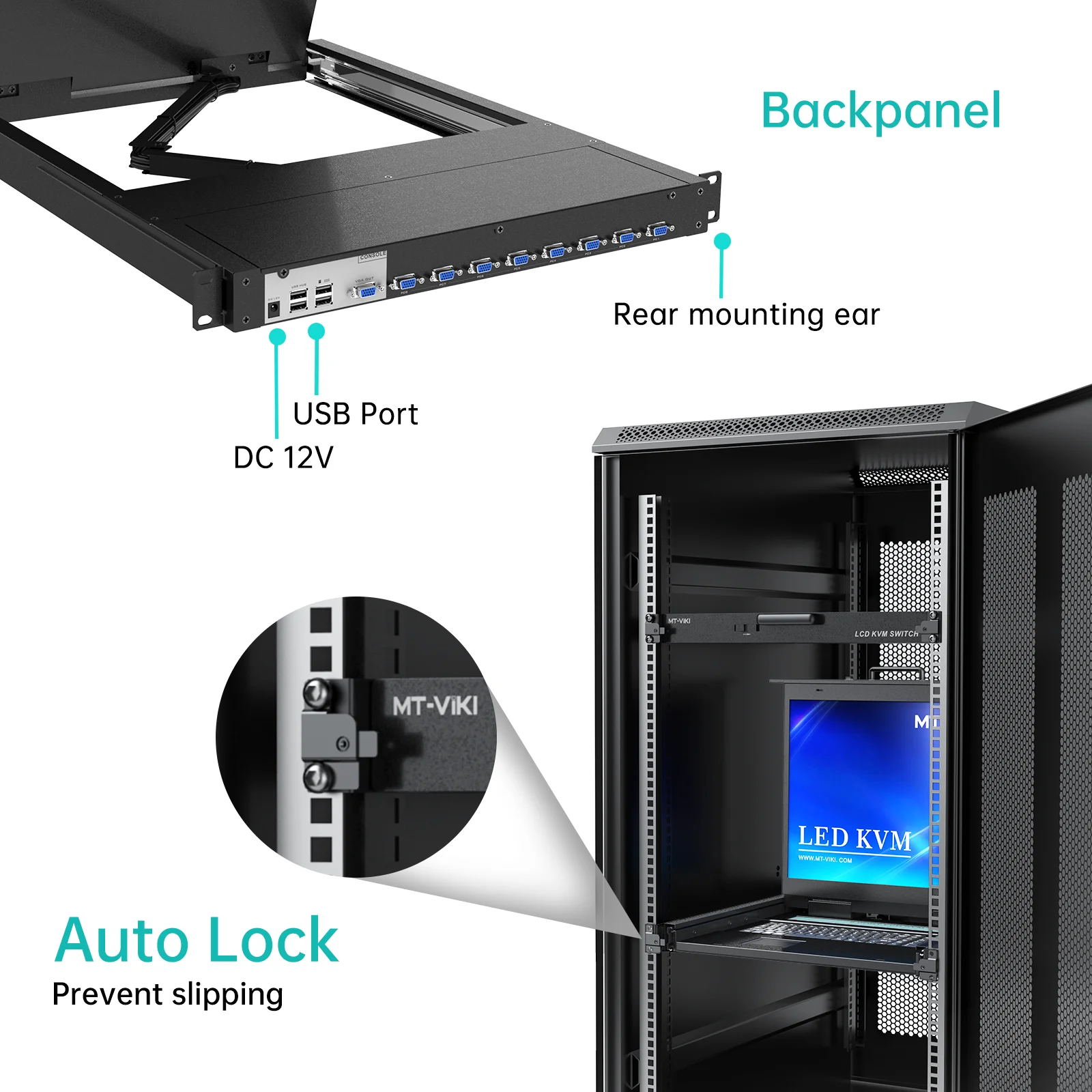 Switch KVM LCD de 19 ", 16 portas VGA + cabos de 16 pacotes, gaveta de console KVM de rack MT-VIKI 1U, switch KVM LCD de 19 polegadas
