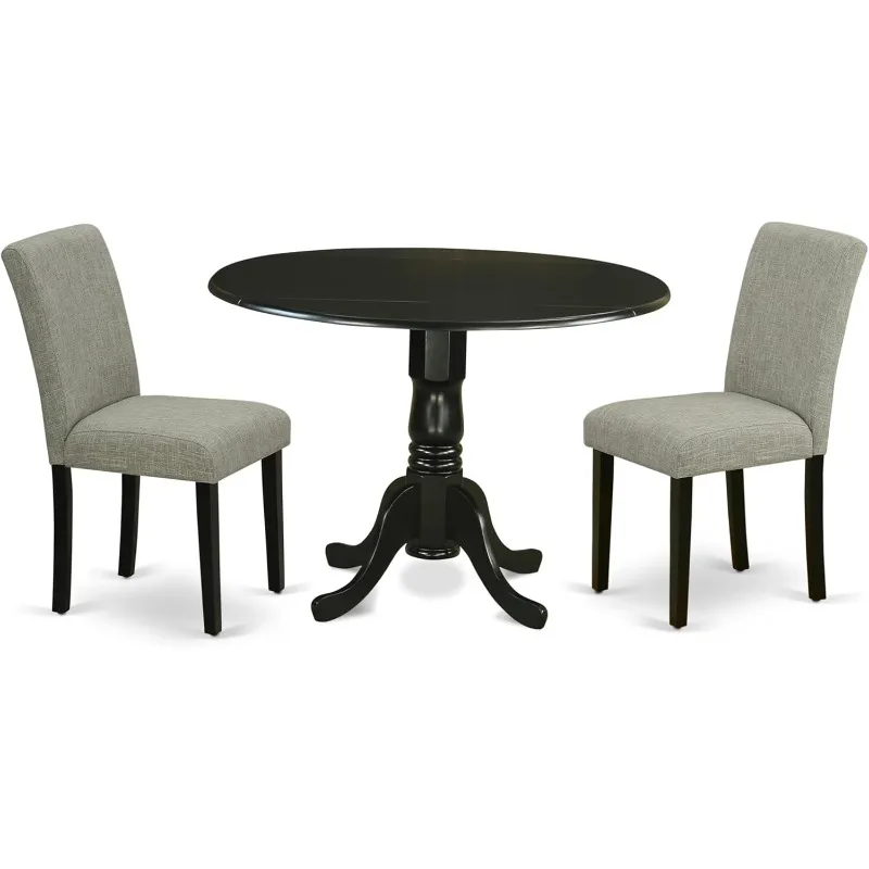 3 Piece Dinette Set for Small Spaces Contains A Round Dining Table with Dropleaf and 2 Shitake Linen Fabric Upholstered Chairs