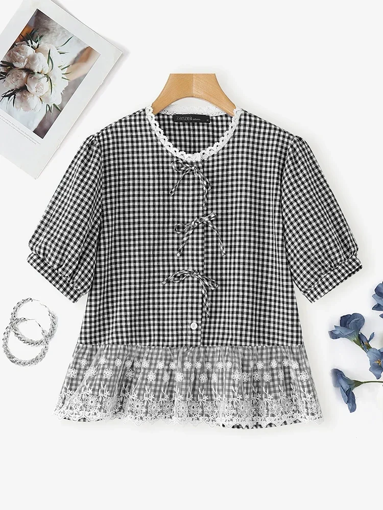 

ZANZEA 2025 Summer Elegant Short Sleeve Work Shirts Women Checked Blouse Casual O Neck Patchwork Blusas Holiday Tops Oversize