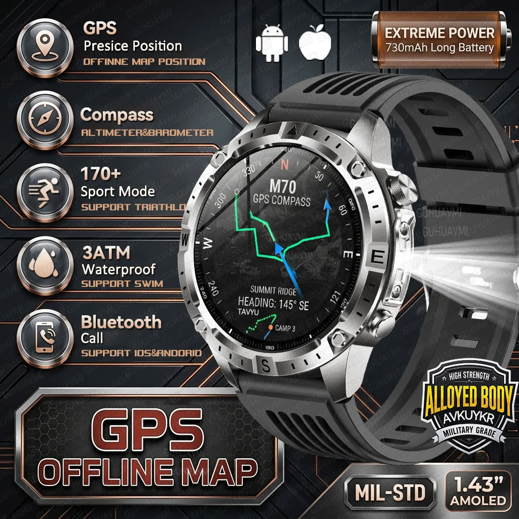 

Новые военные смарт-часы 2026 года с GPS, офлайн-картами, водонепроницаемостью 3ATM, музыкой 2 ГБ, альтиметром, компасом, Bluetooth-звонками, для фитнеса и спорта, мужские, для iOS